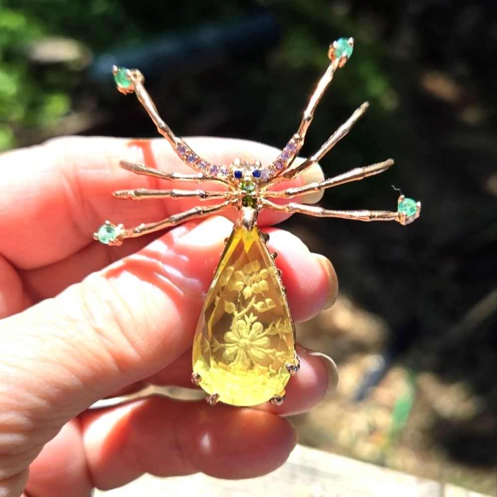 Lemon Quartz floral cut 37karat emerald sapphire & Topaz sterling & rosegold pin